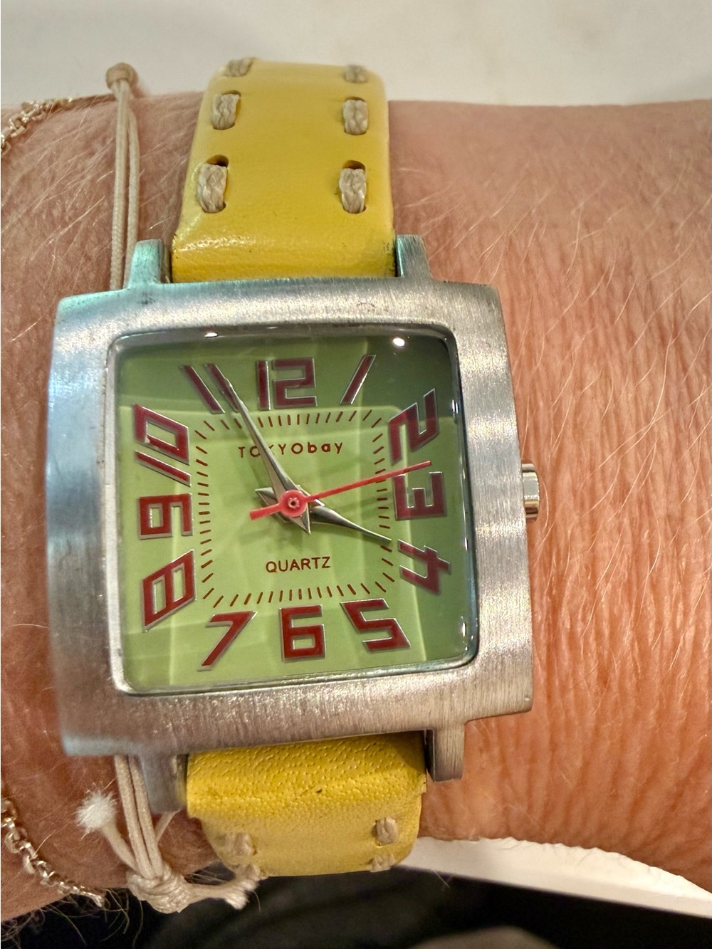 TOKYObay Yellow Leather Strap Watch with Green Dial and Red Numerals